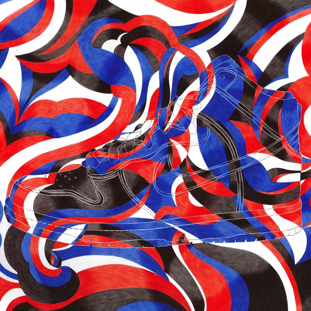 The KIDULT - c abstract art print showcases a sneaker with bold, swirling patterns in red, blue, black, and white. The intricate background seamlessly blends with the shoe’s contour, creating an illusion of depth and movement.