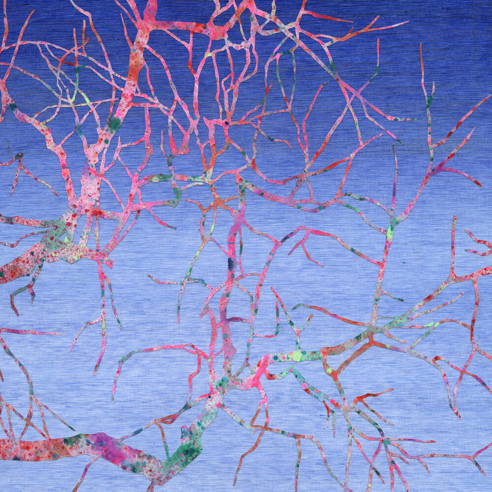 The Ukilour is an abstract art print displaying a network of pink and red branch-like lines on a gradient blue background, creating a web-like effect reminiscent of veins or tree branches.