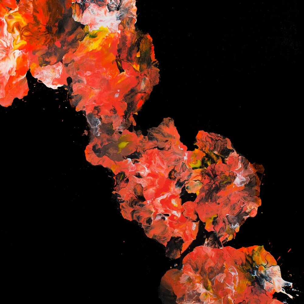 The Impromptu in Backroom art print showcases bold, swirling splashes of red, orange, and yellow on a dark background, reminiscent of fiery clouds or flowing lava.
