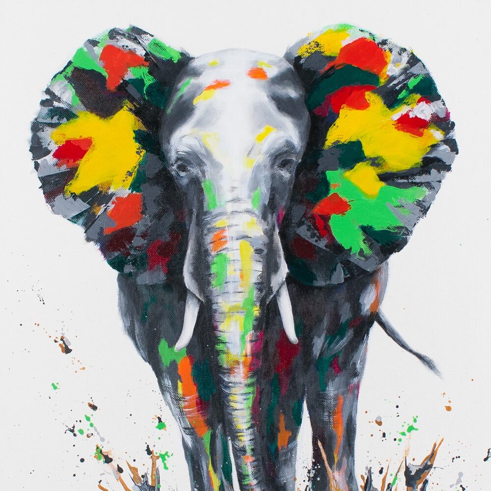 The Walking on Shards - African Elephant art print features an abstract, vibrant depiction of an elephant with brightly painted ears in yellow, green, red, and orange against a white background.