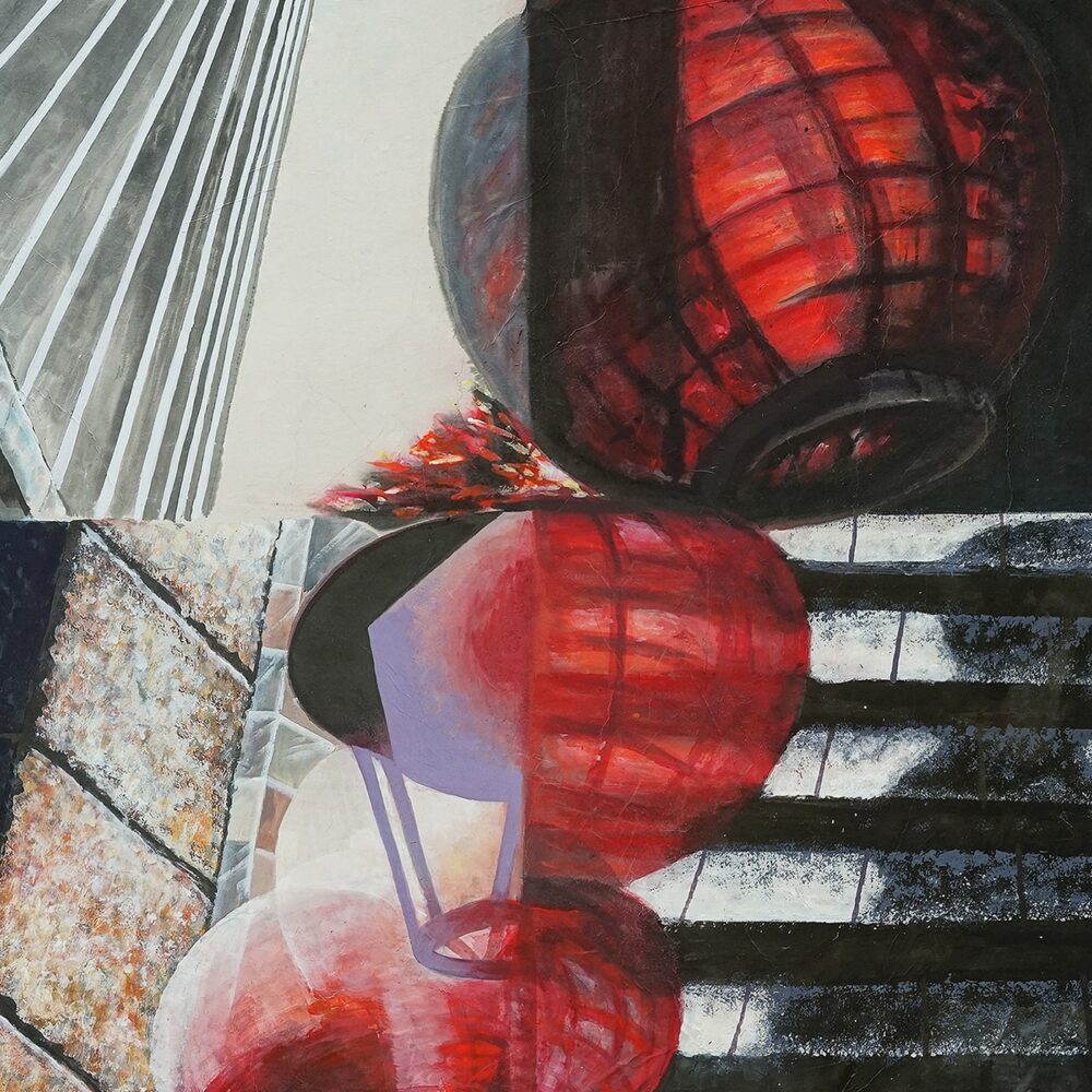 Lantern Square 1 is an art print that blends architectural and cultural elements, featuring red lanterns amid reflections and distortions. A skyscraper intersects textured surfaces for a dynamic, multi-dimensional scene.