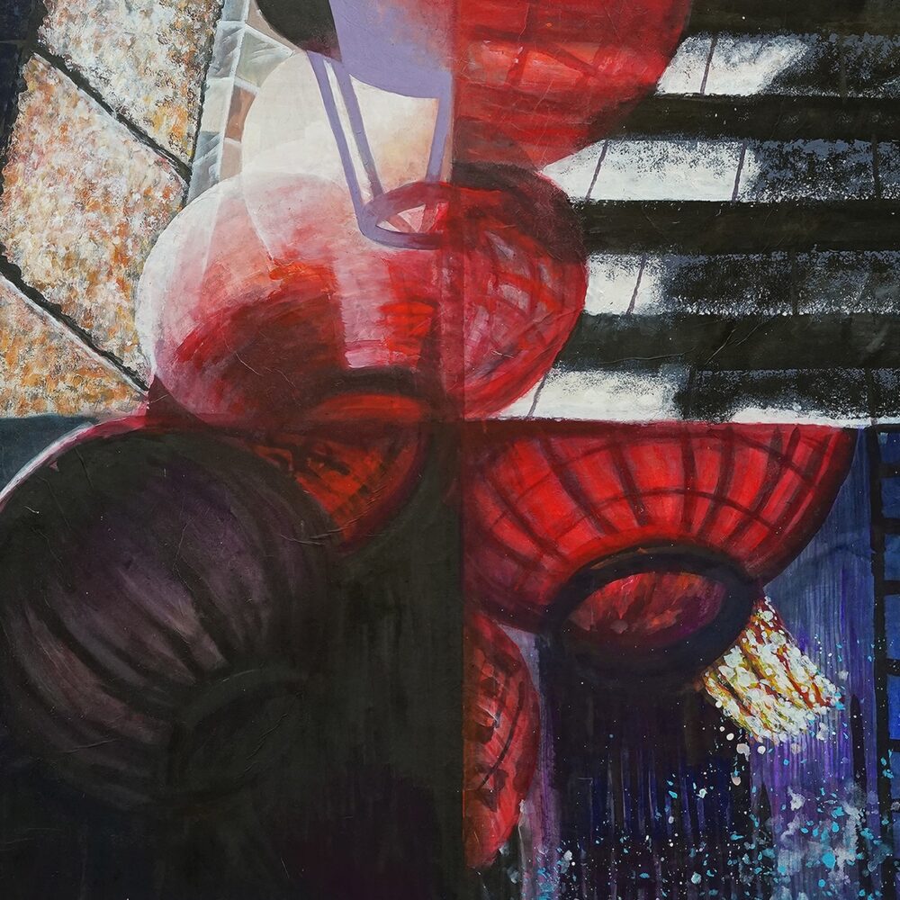 The art print Lantern Square 2 showcases an abstract composition of red lanterns casting reflections and shadows, partially hidden by light and dark geometric patterns, creating a dynamic interplay of textures and colors.