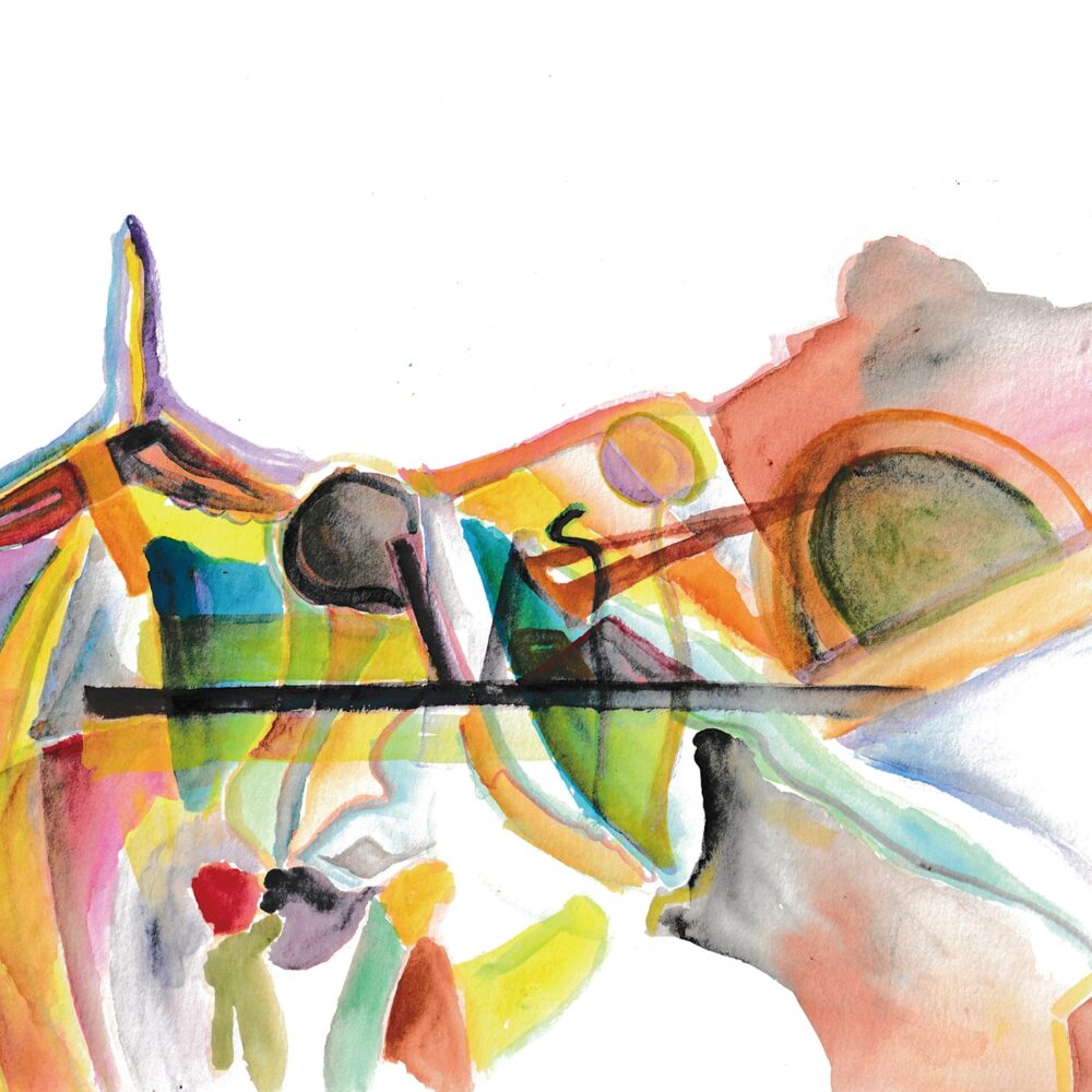 The 2Playground abstract watercolor art features vibrant orange, green, and blue splashes. Curved and angular shapes blend seamlessly with fluid black outlines, creating a dynamic composition.