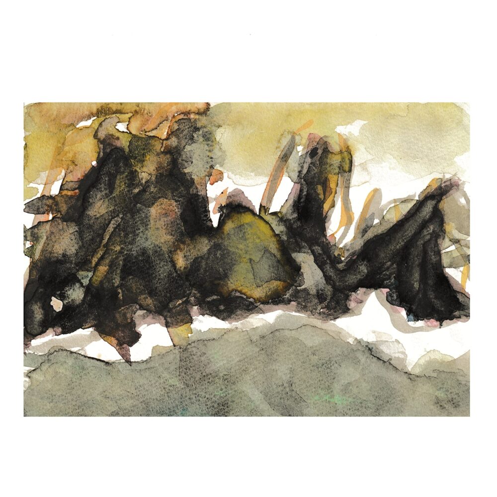 The abstract watercolor art print, Landscape_G, showcases dark, jagged shapes in black and brown resembling mountain peaks. Earthy tones blend with lighter shades, creating a textured scene that evocatively captures the raw beauty of nature beneath a cloudy sky.