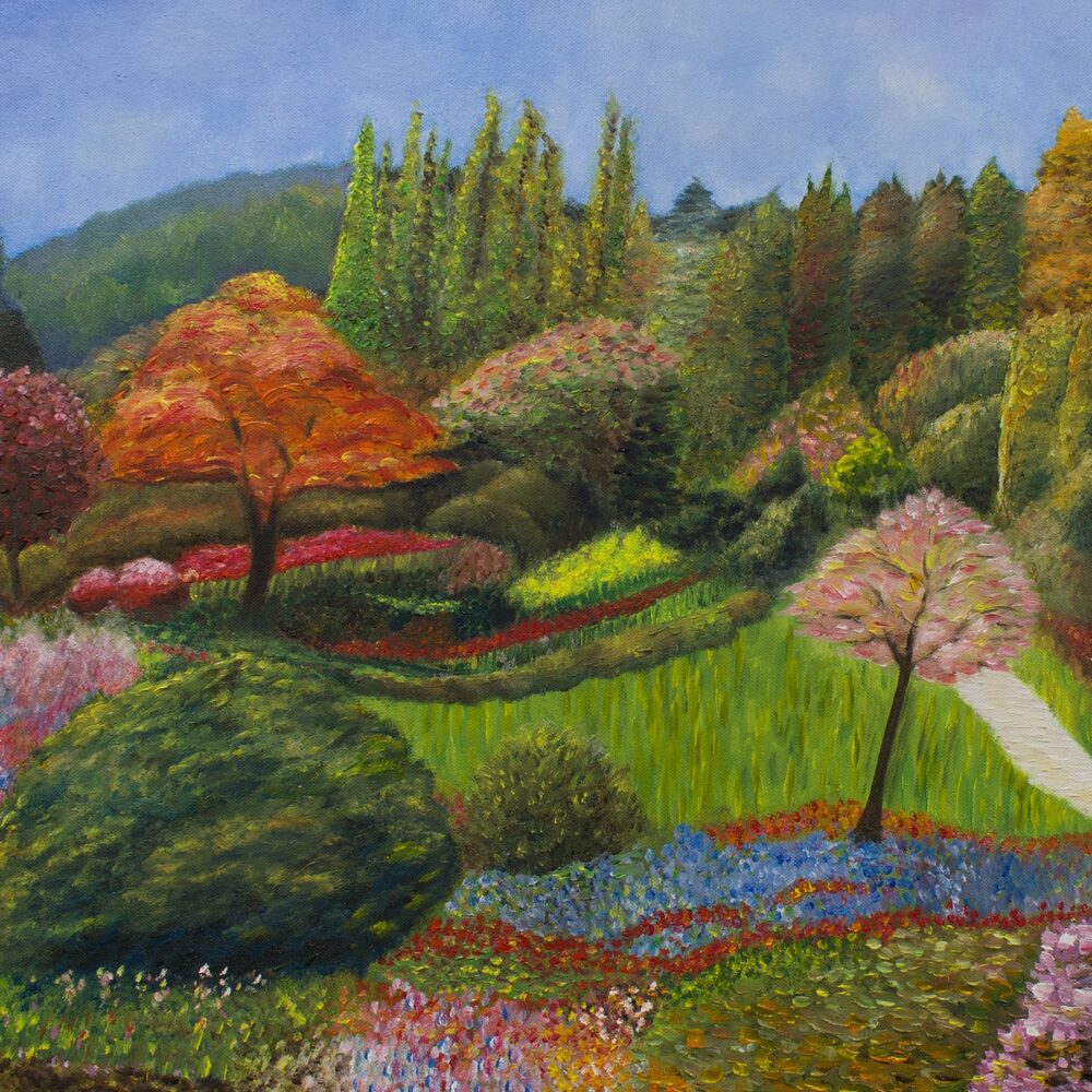 The Magical Land art print vividly depicts a lush garden filled with colorful flowers and trees. A winding path gracefully meanders through, surrounded by trees in autumn shades under a clear blue sky.