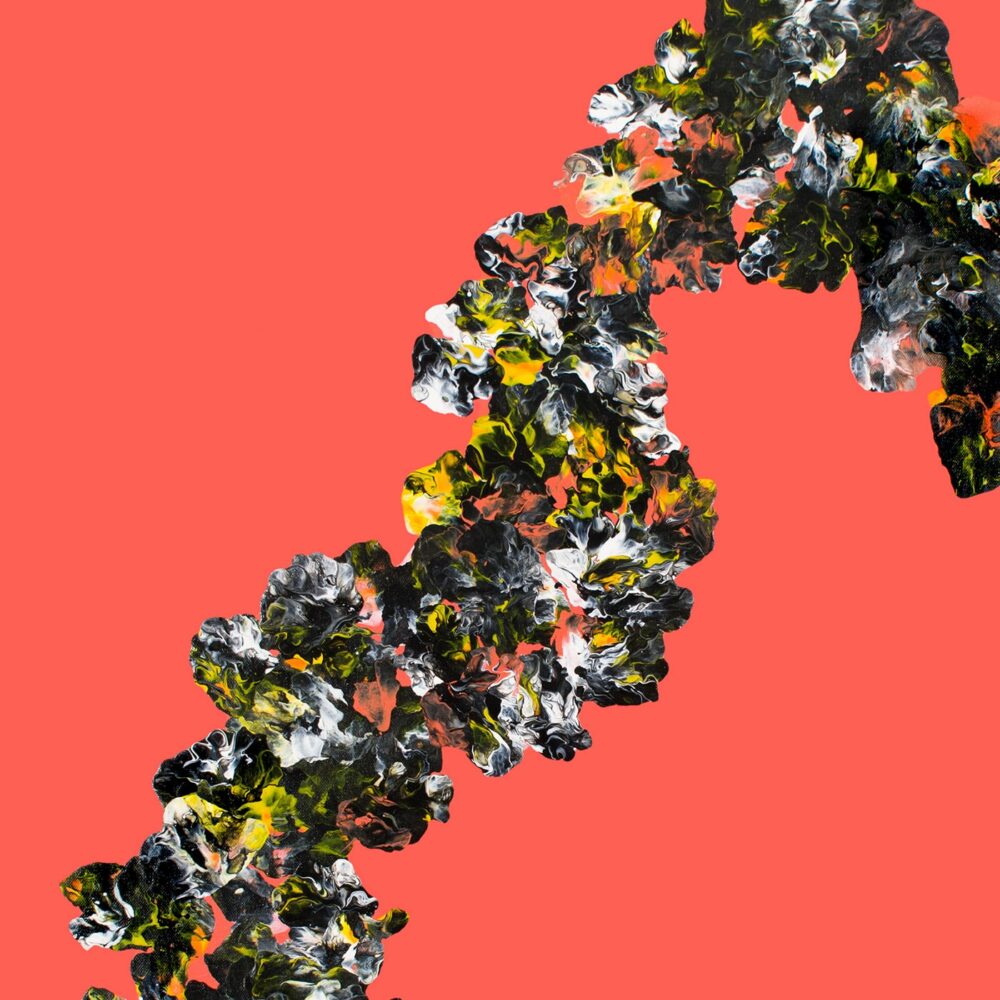 The Impromptu2 art print showcases an abstract design with a diagonal, organic pattern of dark, white, and orange textured shapes on a bold coral background, resembling clusters of flowers or foliage.