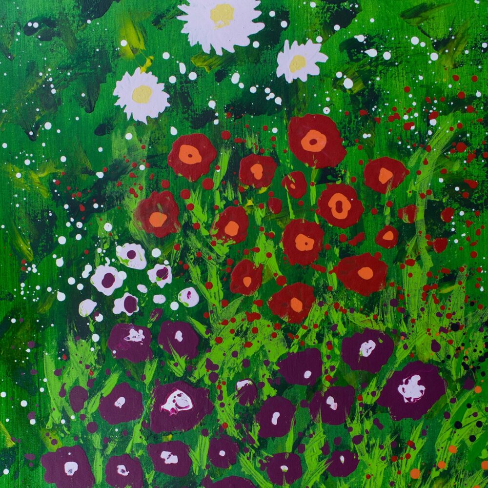 The Summer Garden 2 art print features vibrant abstract flowers in white, red, and purple set against a lush green background, enhanced with splatters and dots for dynamic texture.