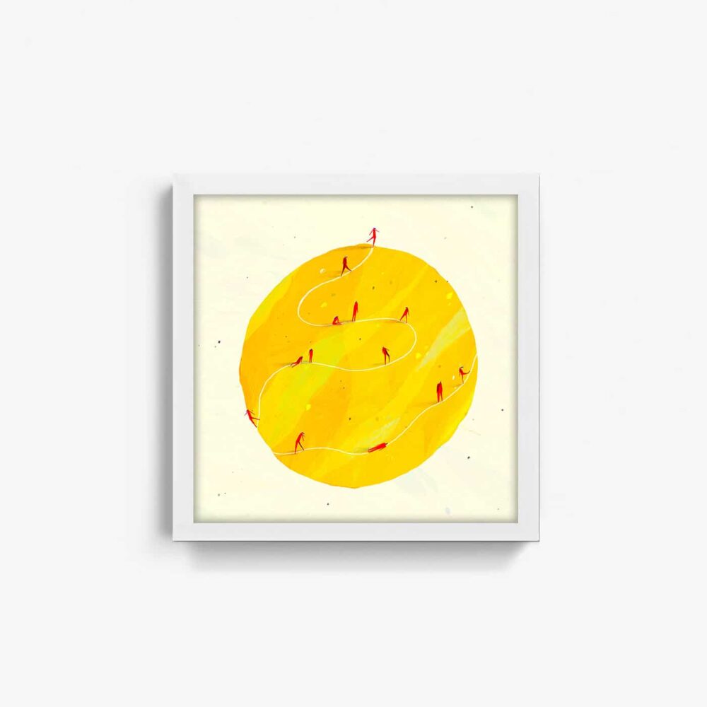 The framed art print, The Sun, showcases a bright yellow circle with a swirling white path. Small red figures are scattered along this path, all set against a light background, creating an abstract and minimalist charm.