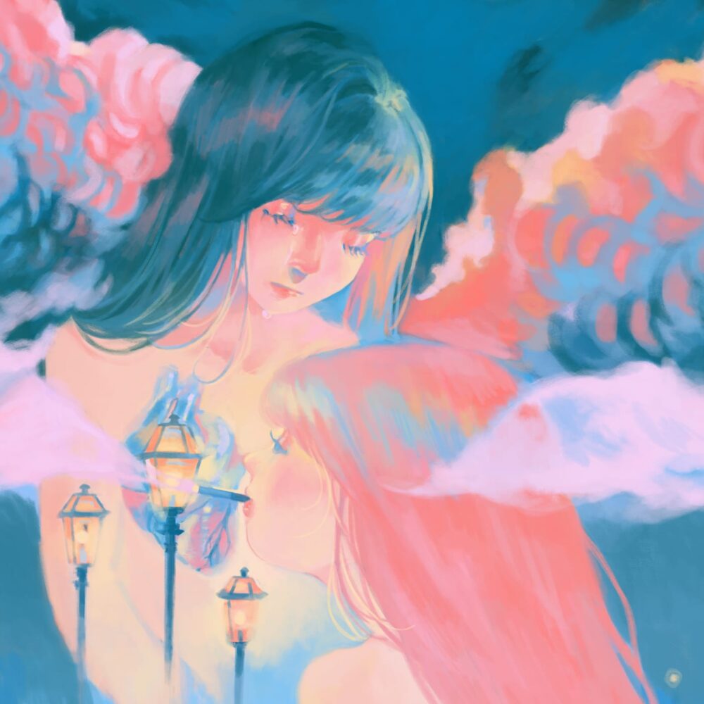 The art print Addiction depicts two long-haired figures amidst colorful clouds. One leans their head on the others shoulder, bathed in the glow of vintage street lamps, creating a serene and ethereal atmosphere.