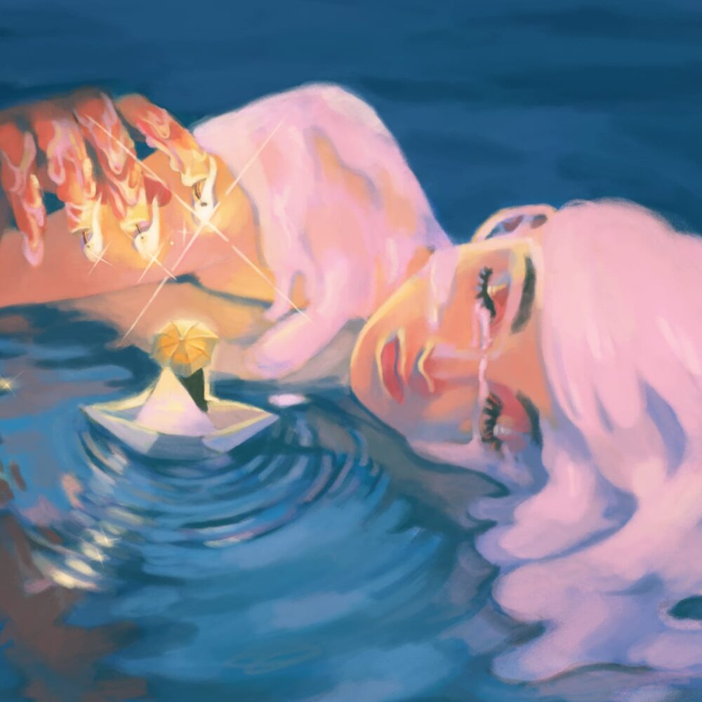 The art print Count Down depicts a person floating in water with glowing white hair, gently touching a small paper boat. Luminous fingers create shimmering ripples in the serene scene, illuminated by soft, warm colors.