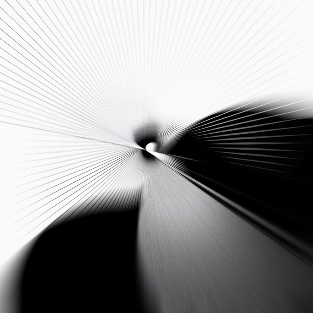 The Black Hole Sun art print features a central vortex-like shape with radiating lines. Its high-contrast black and white design emphasizes light and shadow, creating motion and depth.