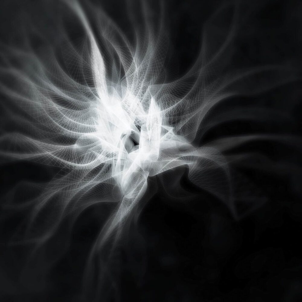 The Blossom abstract art print showcases swirling white and gray lines on a black background, forming a dynamic, fluid pattern that evokes the motion of smoke or energy.