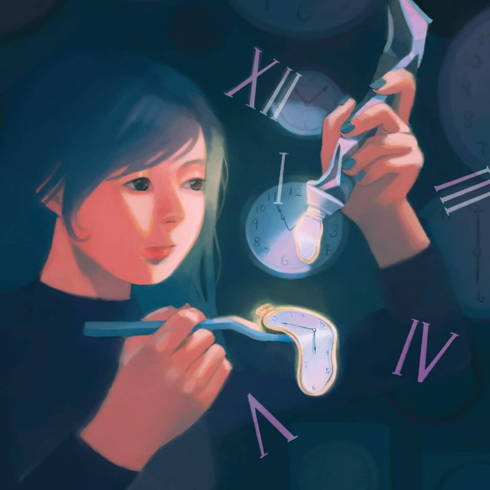 A woman holds a glowing, melting clock with a fork amid distorted clocks and Roman numerals in the Time Manager art print, capturing a surreal, dreamlike quality with warm lighting and inviting viewers to explore the fluidity of time.