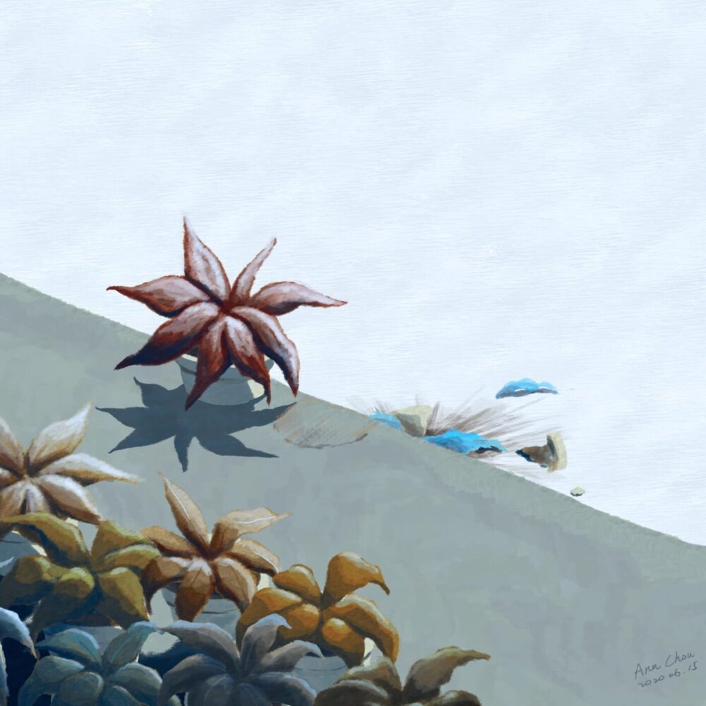The Selfish art print features a brown star-shaped leaf casting a shadow on light gray, with faded blue and brown leaves in an abstract arrangement. A signature and date adorn the bottom right, all set against a soft white background.