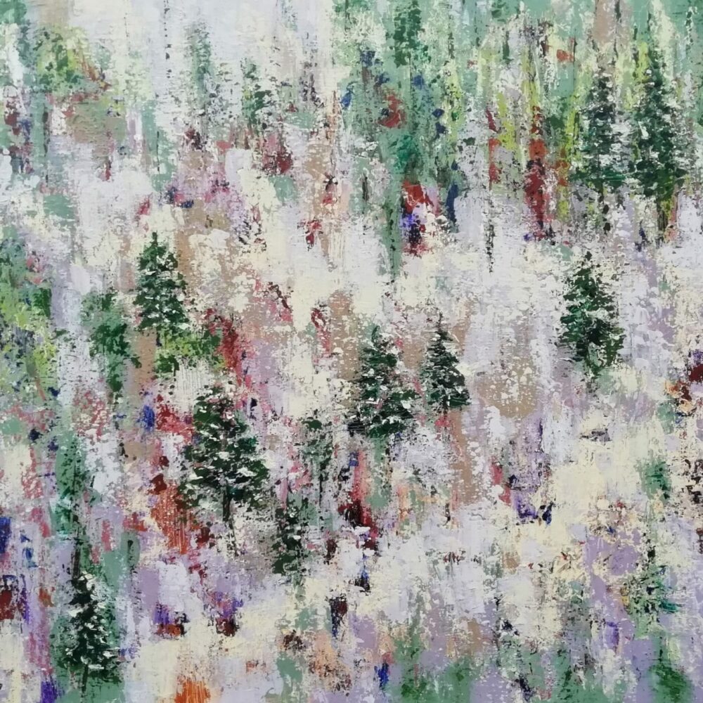 Northern Forest art print, showcasing green and red hues to evoke trees against a textured white backdrop reminiscent of snow, creates depth and natural beauty.