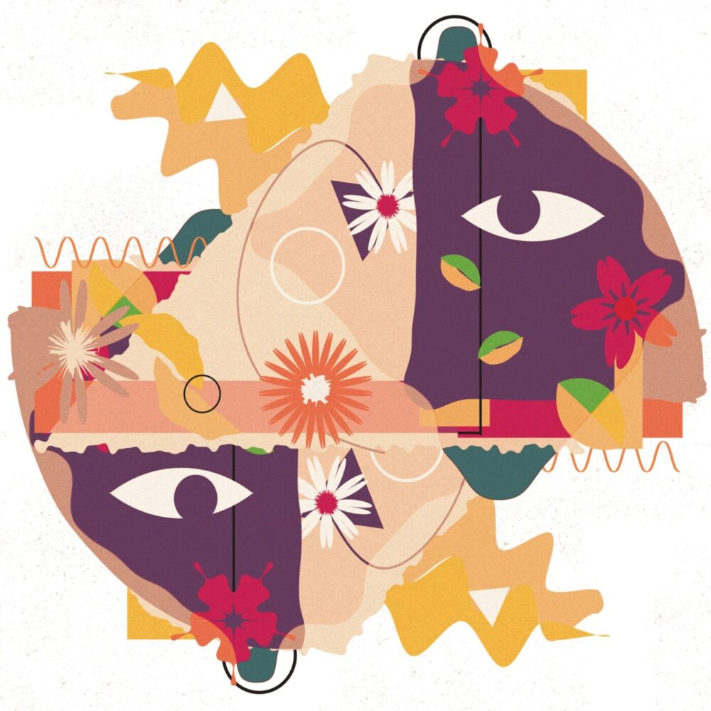 The art print Spring features abstract eye-like designs with floral and geometric patterns. Using rich purple, red, yellow, and green hues, it creates a symmetrical kaleidoscope effect on a textured background.