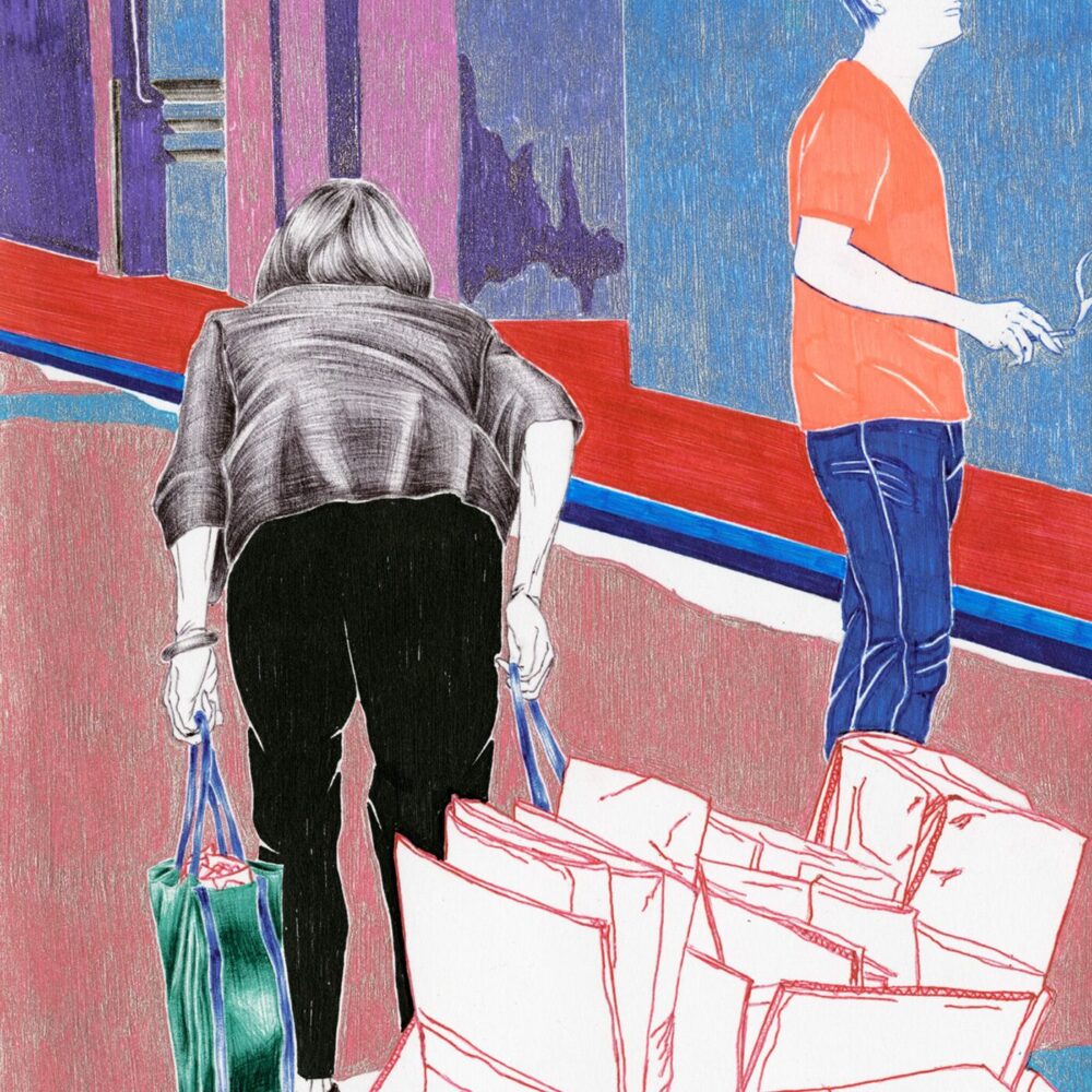 The art print, Simple Taste 02, portrays a person in black pants and a gray top bending with shopping bags, while another individual in a red shirt and jeans stands nearby, holding a phone. The background features vibrant abstract patterns.