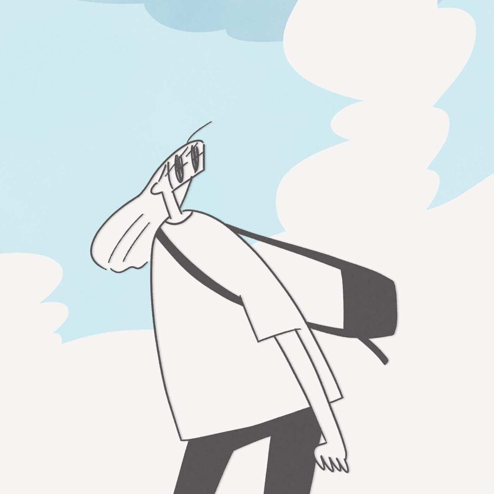 The Tourist art print showcases a long-haired person in sunglasses and a backpack, facing left, against a backdrop of abstract blue clouds and a light sky for a relaxed, adventurous vibe.