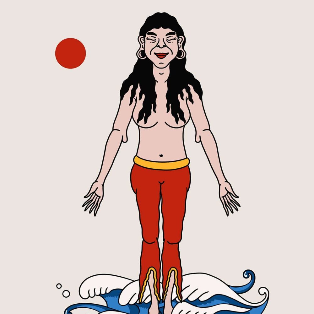 Art print titled Tadasana featuring a smiling woman with long black hair in flame-designed red pants, standing with arms outstretched on stylized waves under a red sun against a beige background.