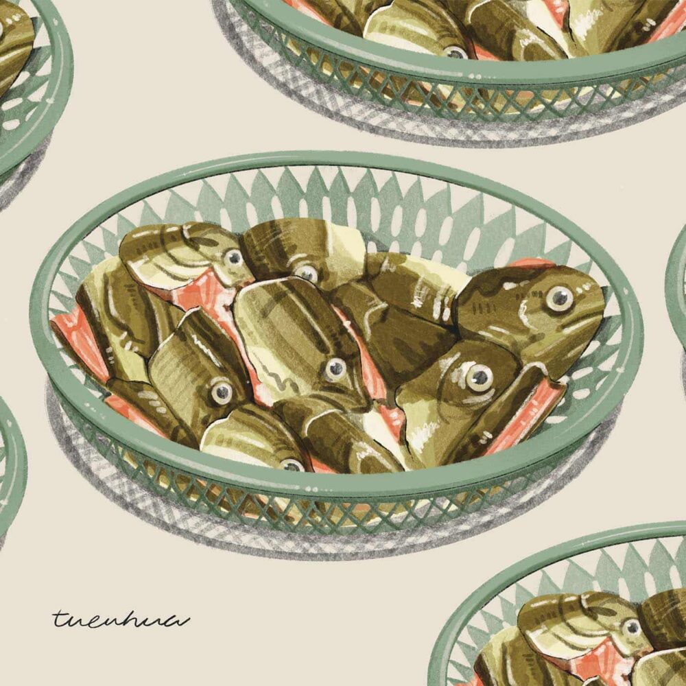 The art print Wind Of The Pacific features a pattern of green baskets filled with fish heads, complete with eyes, set against a light background. The artists signature tuenhua is elegantly noted in the bottom left corner.