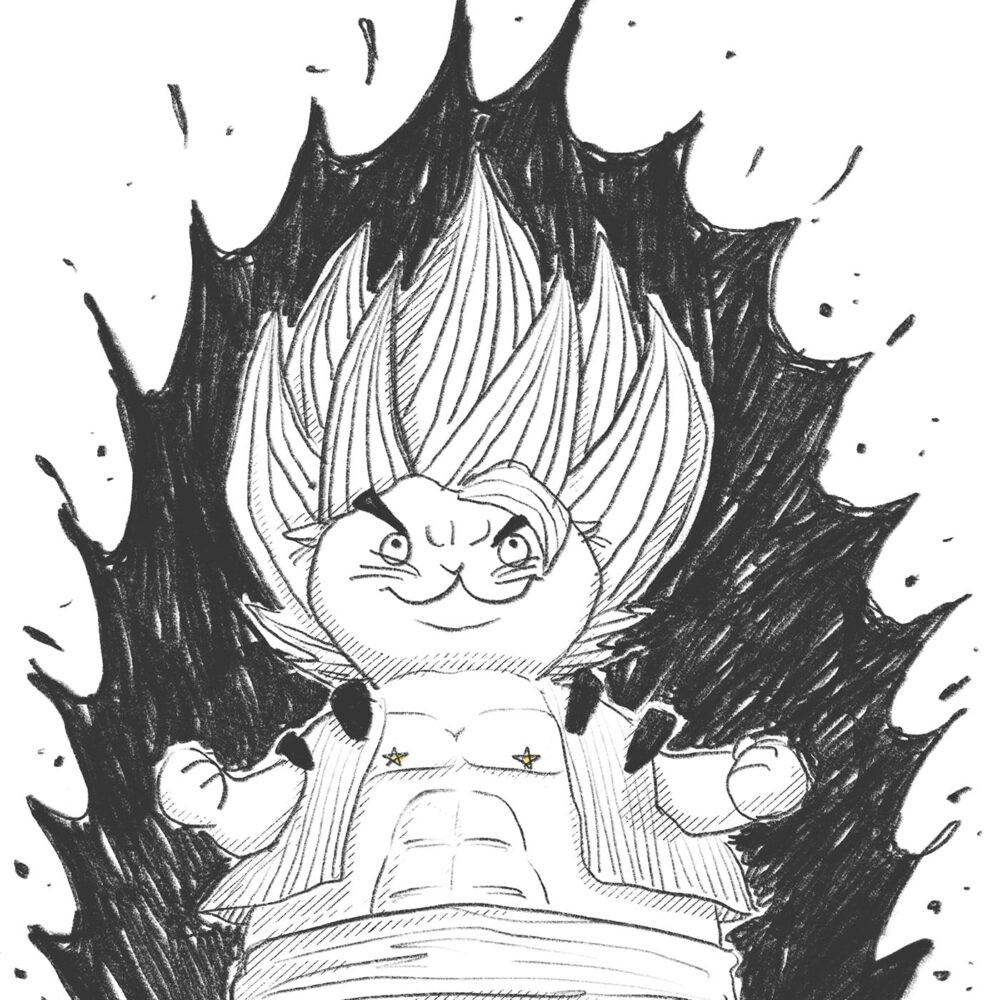 The Saiyan Cat art print features a cartoonish humanoid character with large spiked hair, a muscular build, and clenched fists. Surrounded by a dynamic dark aura in a manga or anime style, it captures the intensity and vibrancy of this unique design.