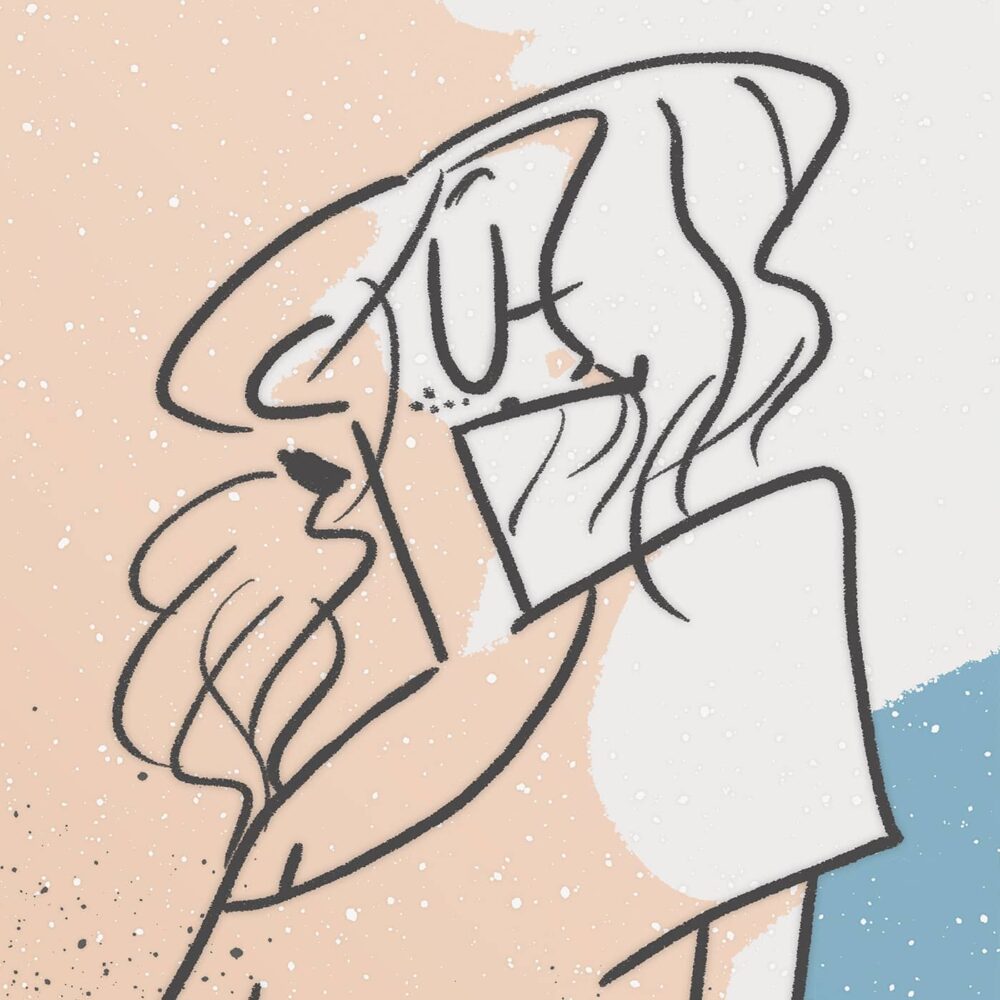 Setting Sun features an abstract line art print of two people kissing, framed by soft peach and blue splashes. The figures boast flowing lines for hair and minimalist facial expressions, evoking intimacy and tenderness.