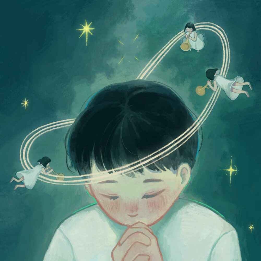 The art print Her Memory features a young person with closed eyes and clasped hands, surrounded by dreamy figures interacting with planets against a starry blue-green backdrop, beautifully symbolizing imagination and introspection.