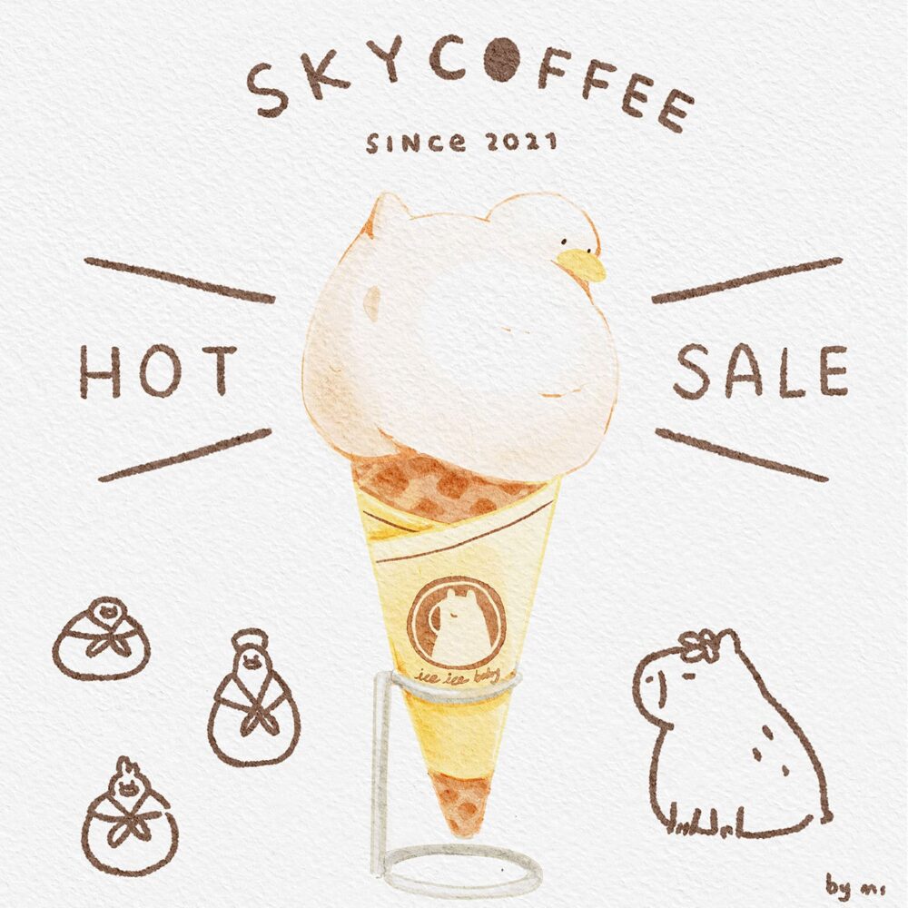 This whimsical Ice Cream art print showcases an ice cream cone with a fluffy bird atop. Surrounding it are the words Skycoffee and Hot Sale, along with playful doodles of a pastry and a capybara, creating a fun cartoon-like scene.