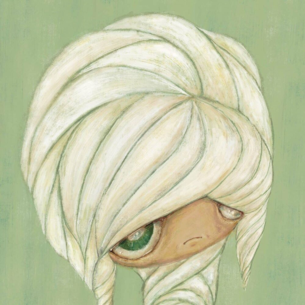 The PoPoPoppy Head 0002 art print showcases a whimsical creature with large eyes and hair like layered leaves or petals on a soft green background, evoking a sense of wonder and fantasy.