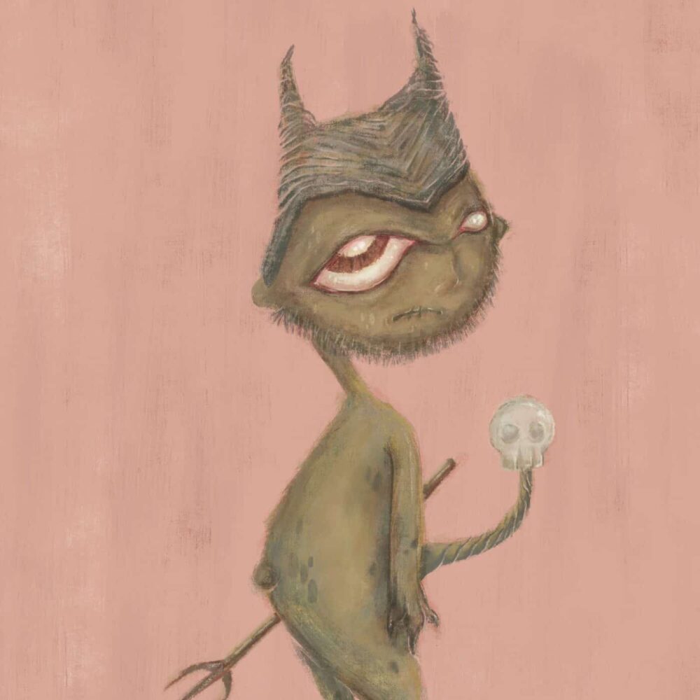 The TouTouTouchwood Sidecast art print features a whimsical, horned creature with a long tail holding a skull-topped staff. Set against a pink background, the creature gazes to the side, exuding curiosity or contemplation through its expression and posture.