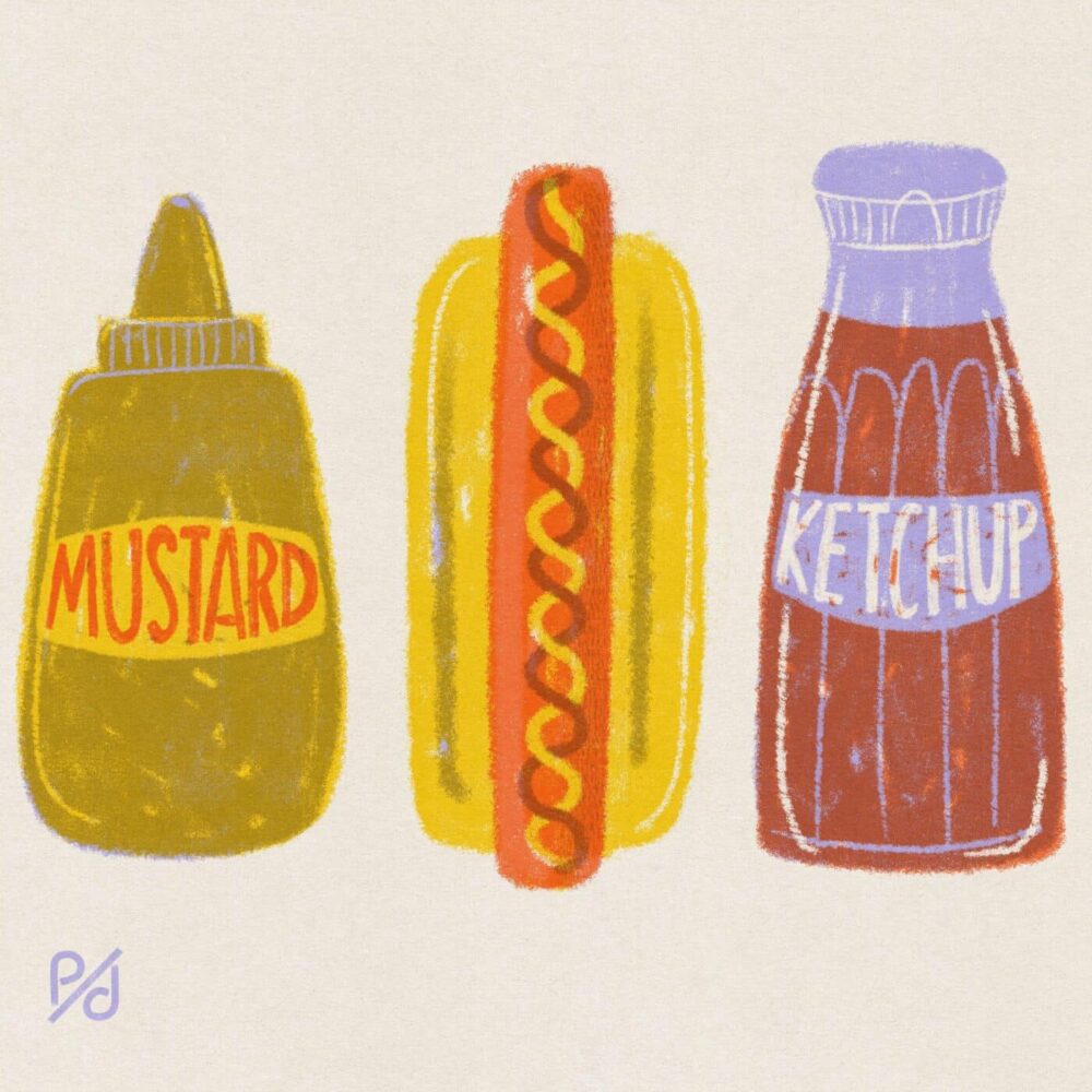 This art print, titled Hot Dog, showcases a whimsical scene: a hot dog with vibrant zigzag mustard, flanked by a mustard bottle on the left and a ketchup bottle on the right, both featuring playful fonts. The light beige backdrop enhances the charming composition.