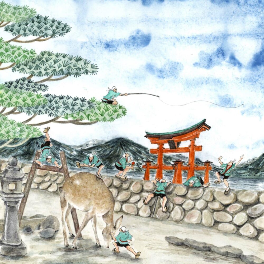 The art print Miyajima Japan #3 features tiny people scaling a stone wall, swinging from ropes attached to a tree. A deer grazes nearby as a red Torii gate stands against majestic mountains and a cloudy sky.