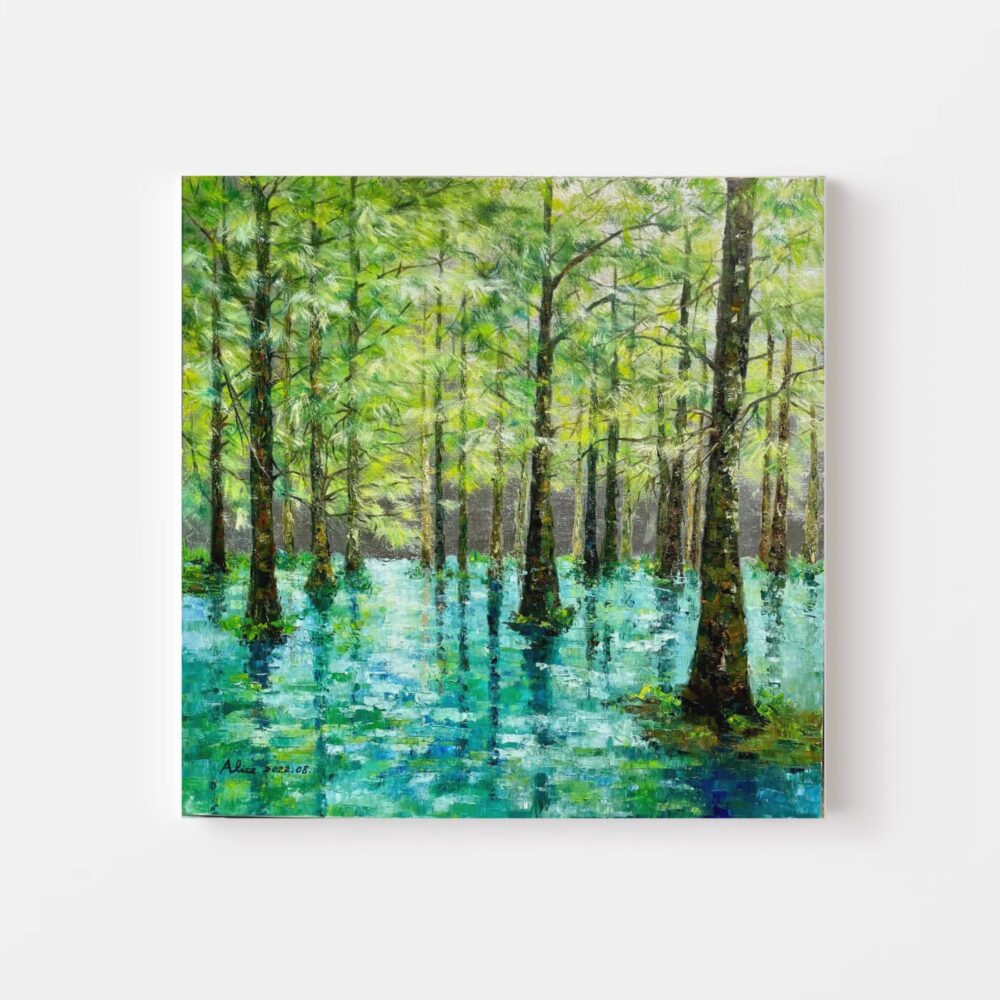 The serene art print Baldcypress Immersing in Light, 2022 beautifully captures a forest scene with tall trees reflecting on shimmering blue-green waters, with sunlight filtering through the leaves to create a tranquil, luminous atmosphere.