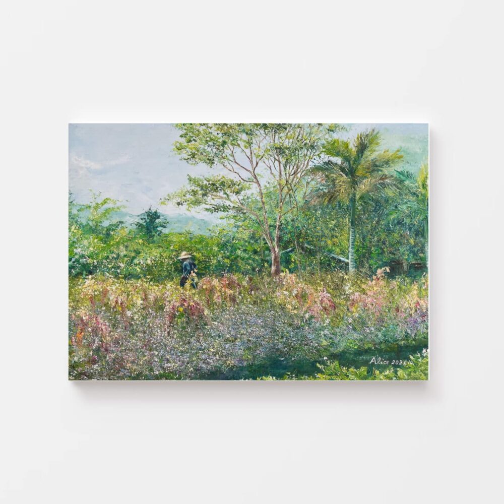 An impressionist art print, Woman in Red Quinoa Field, 2021, depicts a lush green meadow with wildflowers. A hat-wearing figure stands amid the field surrounded by trees under a cloudy sky, signed Akira 2023 in the bottom right corner.