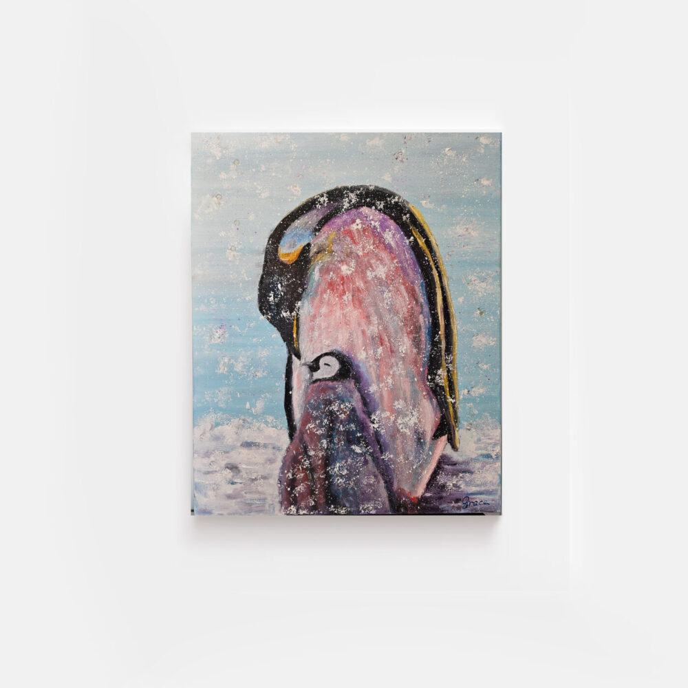 The art print I Like It Warm features an emperor penguin lovingly gazing at its chick, nestled in the serene, snowy landscape. The backgrounds light blue and white hues evoke a tranquil, cold setting.