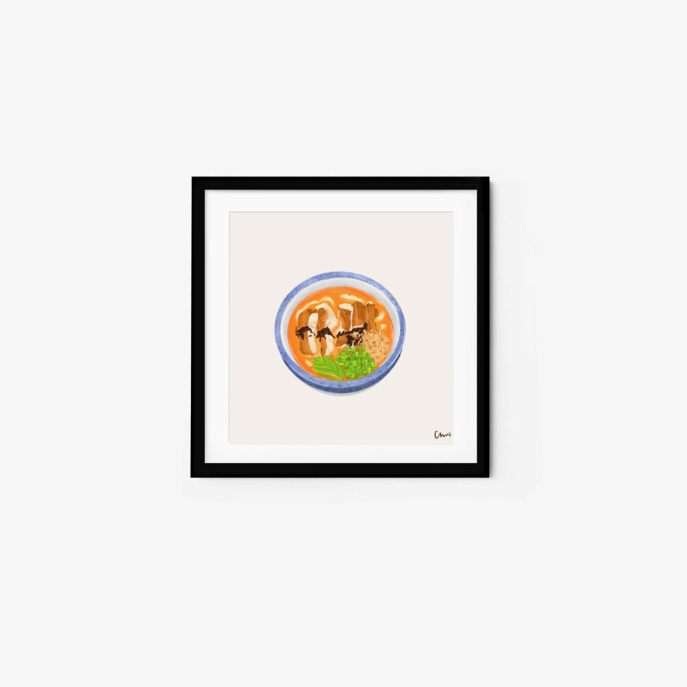 A framed art print illustration features grilled chicken knife-shaved noodles in tomato soup with sliced meat and green vegetables. Elegantly displayed in a black frame, this artwork is beautifully showcased against a light gray background.