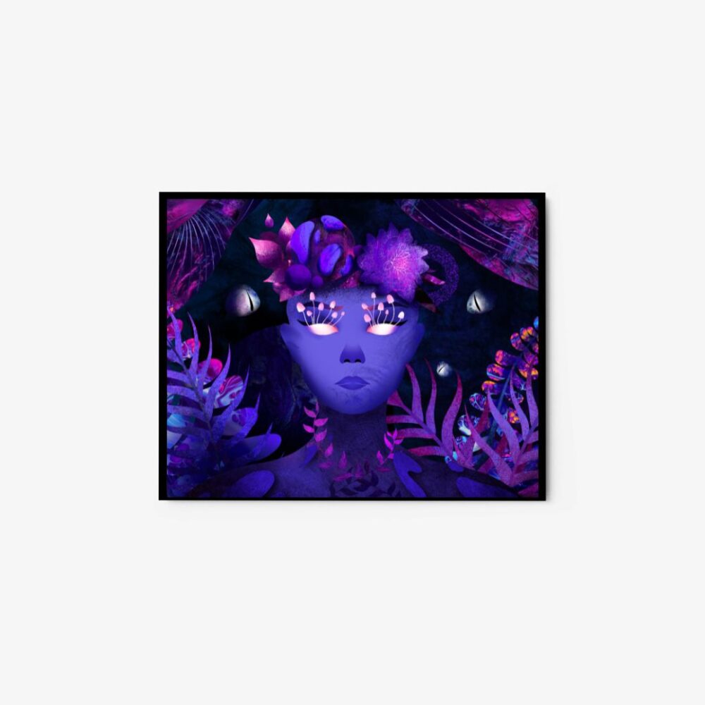 The Fairy of Flowers art print showcases a surreal, mystical illustration with a purple and blue face surrounded by glowing flowers and leaves. Light emanates from its eyes, while mysterious eyes peer from the darkness behind, creating a vivid composition.