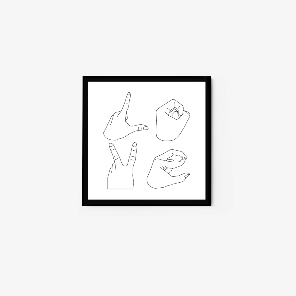The Finger Love framed minimalist art prints showcase line drawings of hands in various positions against a white background.