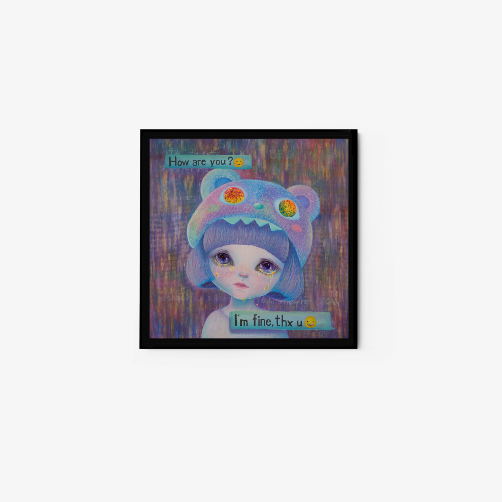 The vibrant art print titled I’m fine, thx u. showcases a girl with purple hair and a bear hat, stars on her face, and a rainbow above one eye. It says “How are you?” with a questioning emoji and “Im fine, thx u” next to a smiling emoji.