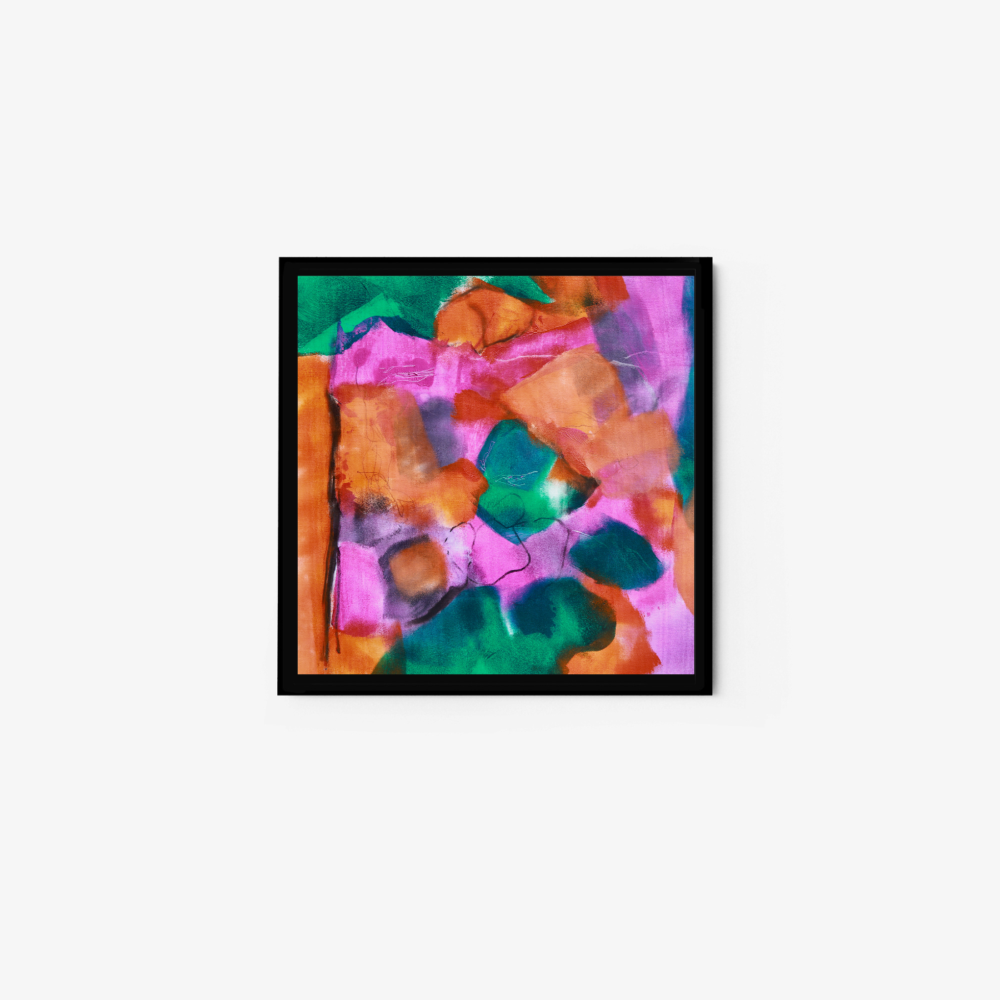 The Serendipity #2 art print displays an abstract painting featuring bold, vibrant colors. Bright pinks, greens, oranges, and touches of yellow blend with soft brushstrokes for a dynamic effect. Its framed in black against a white background for a striking contrast.
