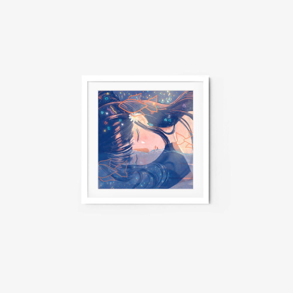 The Goldfish Memories art print portrays a mystical scene with a person whose flowing hair merges into a cosmic night sky, interwoven with stars, constellations, and celestial elements in vivid colors for an ethereal atmosphere.