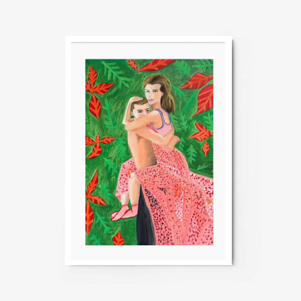 Marriage, a vibrant art print, shows two women embracing against a green backdrop with red leaves. One woman in a pink dress has a pensive look while the other offers comfort. Framed in white, this captivating piece exudes warmth and depth.