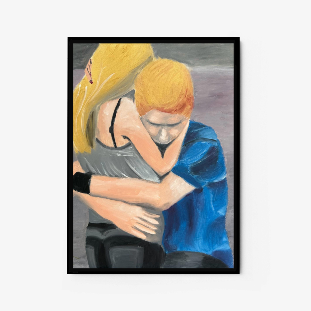 The art print Lovers Do Love features two people embracing. One has blond hair and a blue shirt; the other has long blond hair, a gray tank top, and black pants. Their expressions are somber against an abstract, muted background.