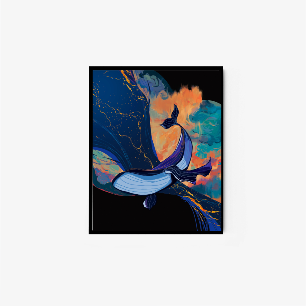 The Swim Through the Sky print features a blue whale swimming against a vibrant, swirling backdrop of reds, oranges, and greens, capturing motion and fluidity.