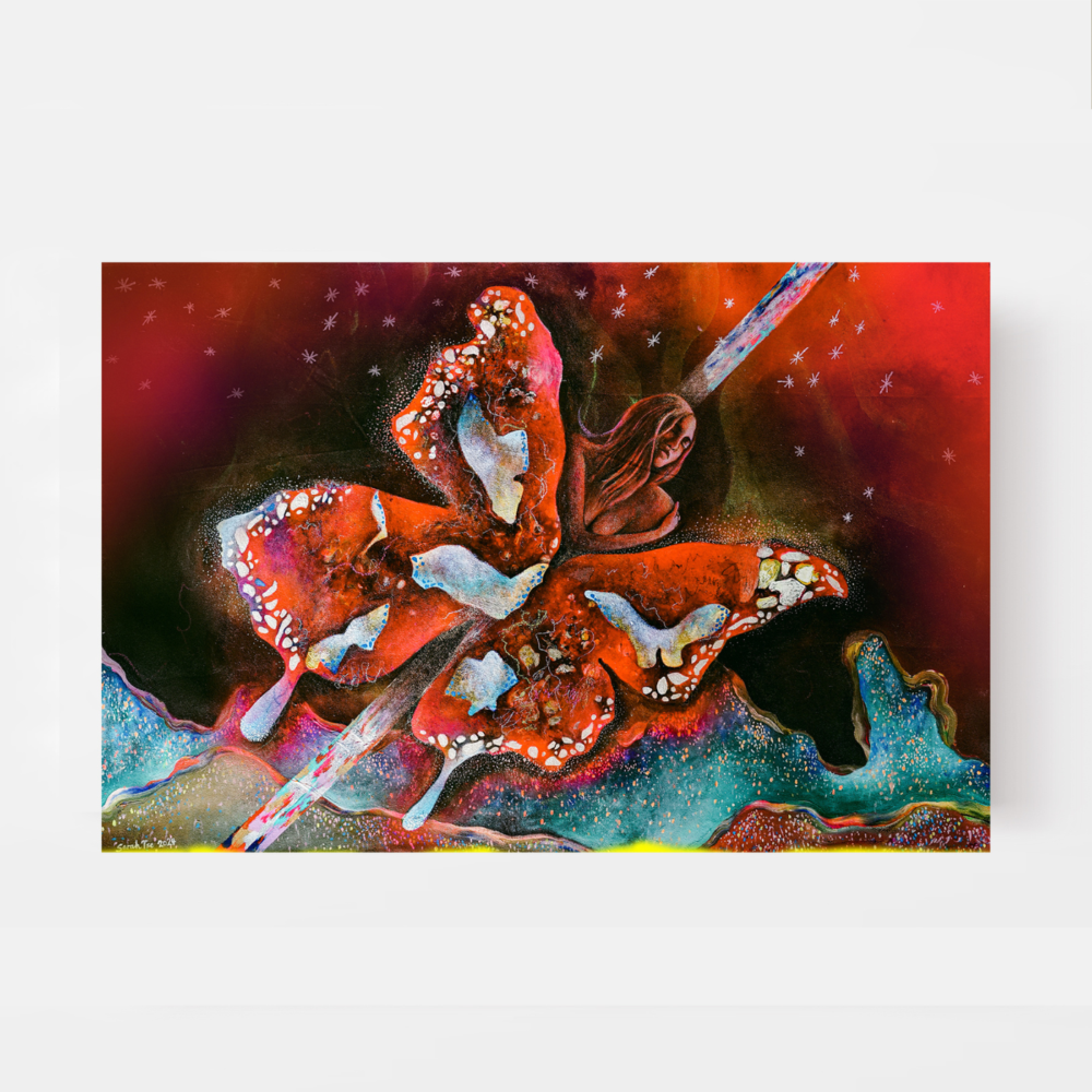 The art print Flying Solo features a vibrant abstract painting of a butterfly with red and white wings on a cosmic background, highlighted by the partial silhouette of a face surrounded by swirling colors and intricate patterns.