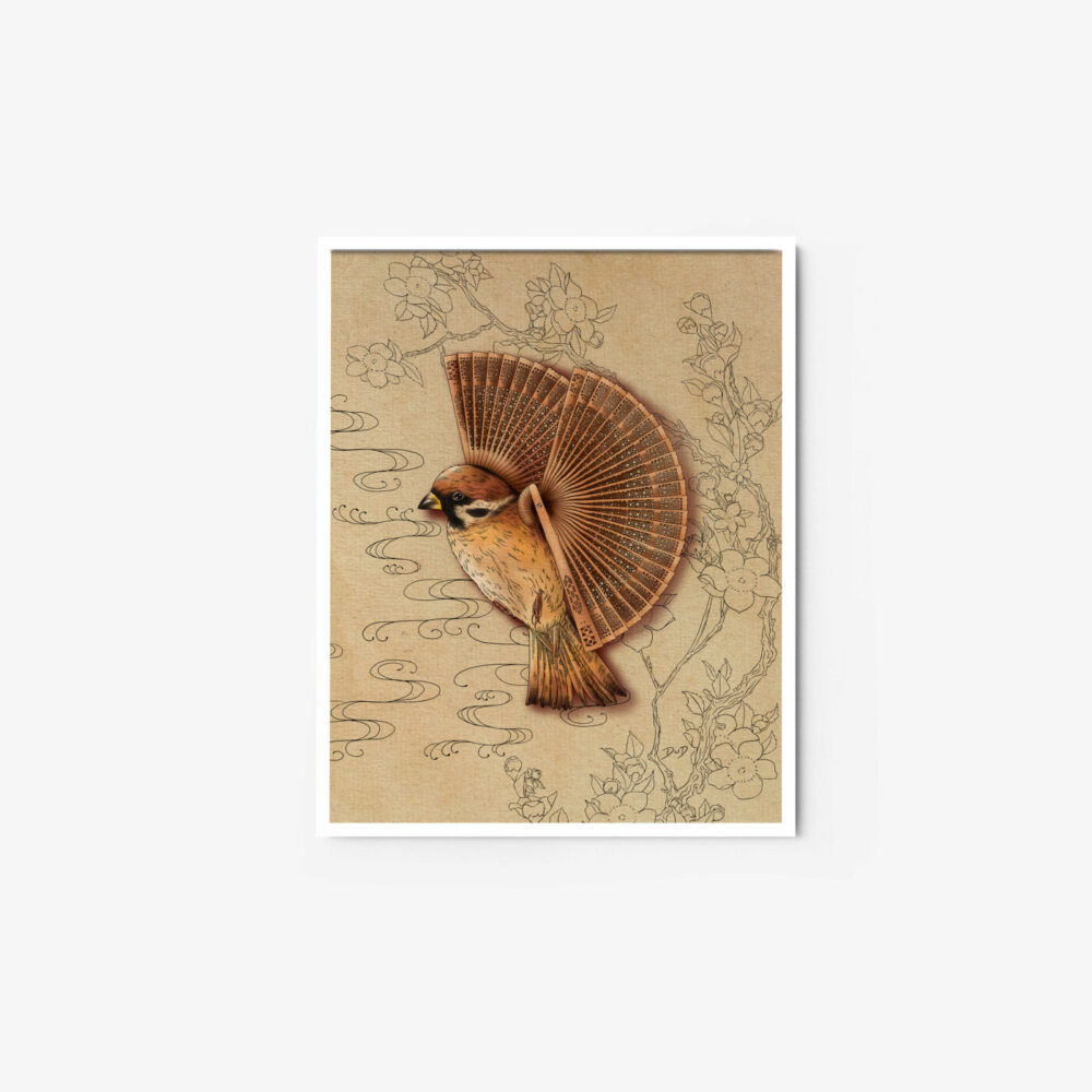 The Fan art print showcases a bird with wings like a traditional folding fan on a beige background, featuring intricate floral and swirling cloud patterns, beautifully merging natural and artistic elements.