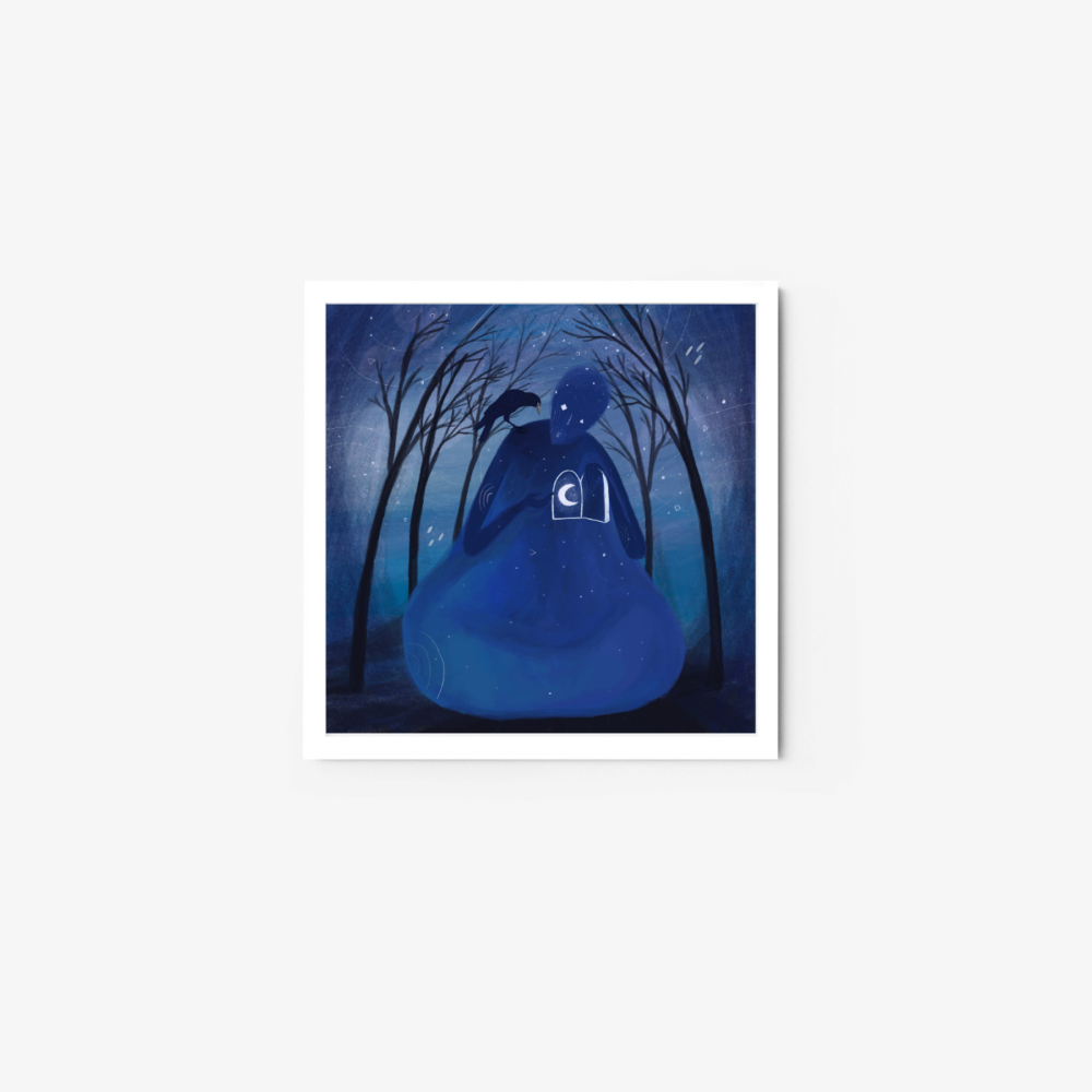 The art print Night shows a blue figure sitting cross-legged under a starry sky, surrounded by leafless trees. The figure gently holds a small bird and features a glowing door marking on their chest, capturing the scenes ethereal beauty.