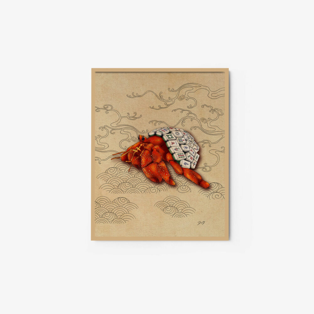 An art print titled Mahjong featuring a red crab with an intricate shell composed of decorative patterns and geometric shapes, set against a beige background with cloud and wave motifs.