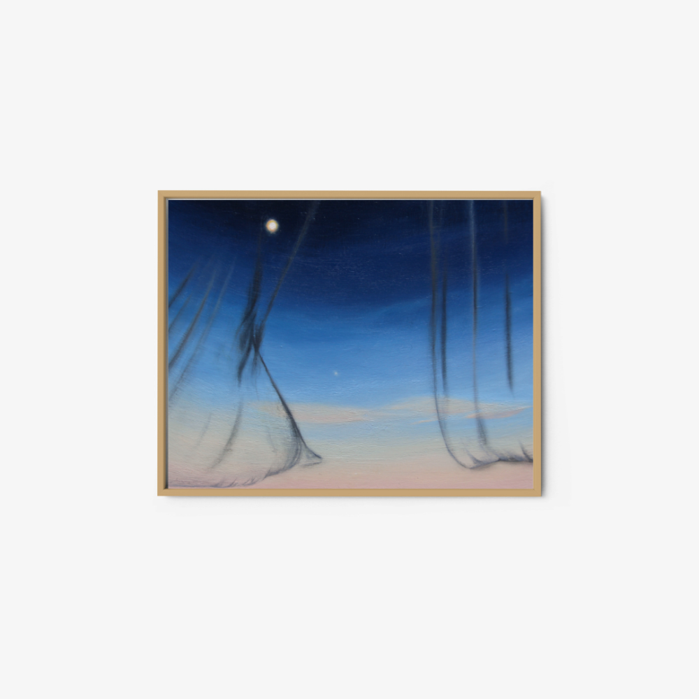 Framed art print Curtain over the Sky features an abstract night sky with two celestial bodies on a background that transitions from deep blue to light pink at the horizon, with dark brushstrokes evoking movement and enhancing its ethereal quality.