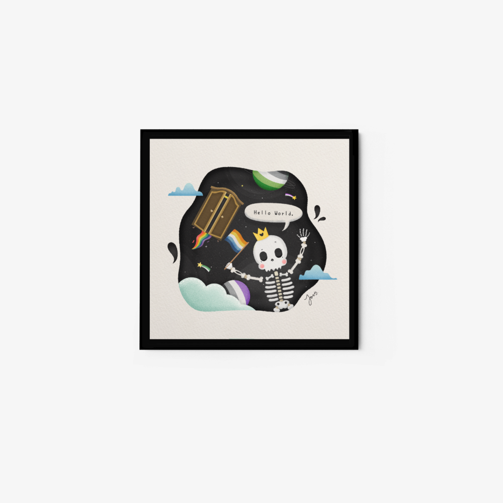 The Hello World framed art print features a playful skeleton with a yellow crown, surrounded by colorful planets and clouds against a dark, starry background. It holds a sign reading Hello World, with a vibrant floating door nearby.